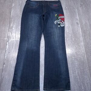 Ed Hardy Jeans Women Size 10 Blue Rhinestone Skull Heart Bootcut Y2K Denim